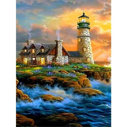 Landscape Lighthouse DIY Cross Stitch 11CT Embroidery Kits Needlework Craft Set Cotton Thread Printed Canvas Home Sell