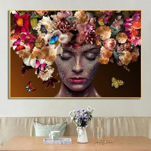 Beauty Woman Wearing Flowers Butterfly Portrait Posters and Prints Wall Art Picture Canvas Painting for Living Room Home Decor