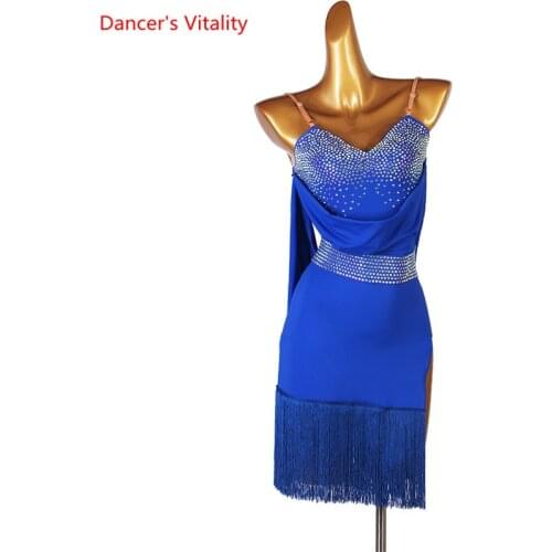 Latin Dance Dress Sling Diamond Tassel Skirt Performance Clothes High-End Custom Adult Child Profession Competition Clothing