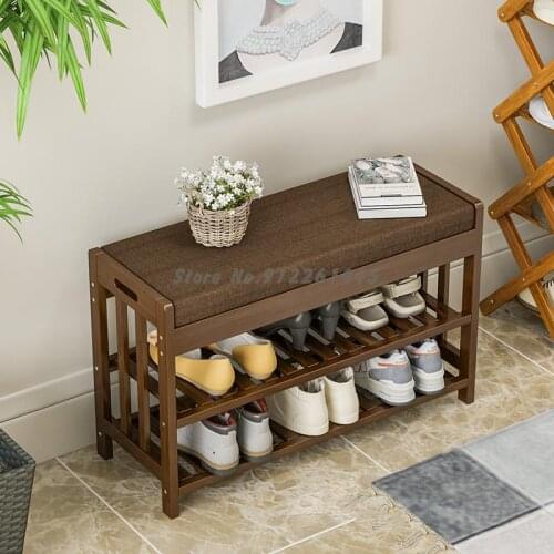 Sitting type shoe changing stool bamboo shoe rack at home door shoe wearing stool solid wood integrated bed end storage shoe cab