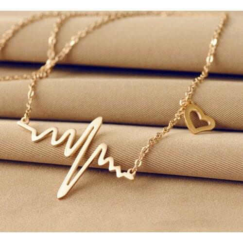 ZRM Romantic Love Wave Heart Necklace Electrocardiogram Pulse Charm Pendant Necklace Gold Women Heartbeat Necklace