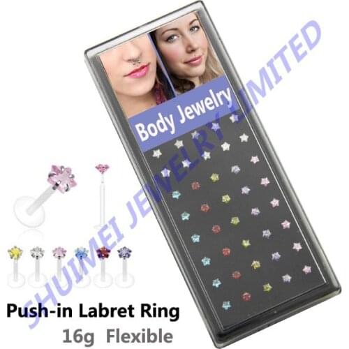 SHUIMEI 40pcs/Box 16g Acrylic Labret Lip Bar Ring Bar Bioflex Push In Star CZ Gem Piercing Body Jewelry Free Shipping