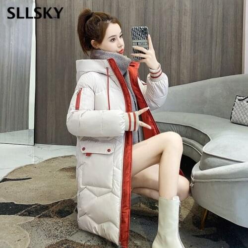 Sllsky New Women Long Hooded Korean Version Loose Preppy Style Down Jacket Winter Warm Casual ladys Thicken Parka coat