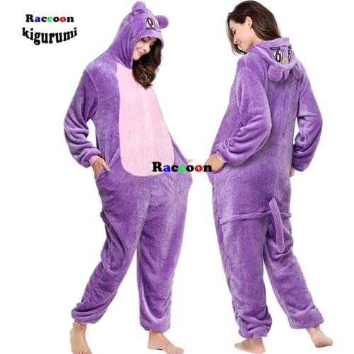 Loose Animal Onesies For Adults Kigurumi Pajamas Purple Cat One-piece Pijamas For Women Onsie Halloween Cosplay Costume Romper