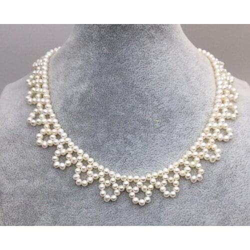 Unique Pearl Jewelry White Round Pearl Necklace 16.5+2inches 4mm-5mm Handmade Flower Real Freshwater Pearl Necklace