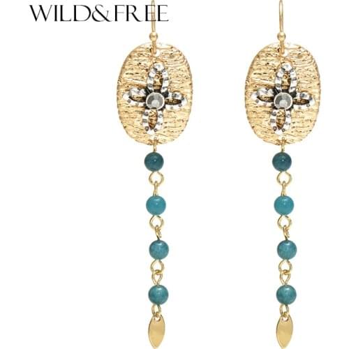Wild&Free Blue Natural Stone Beads Long Dangle Earrings For Women Geometric Round With Flower Shape Drop Earrings Boho Jewelry