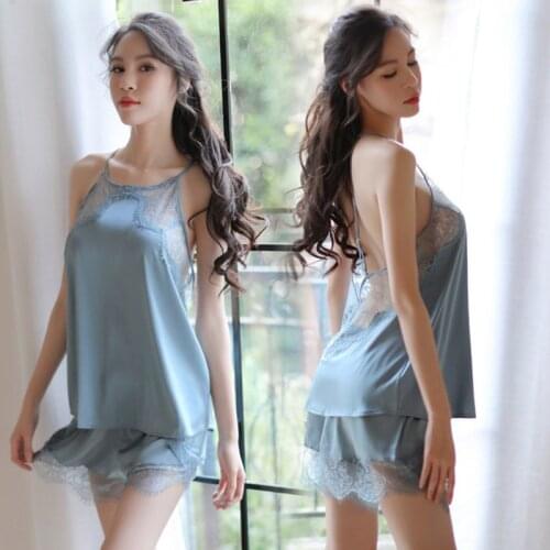 Yhotmeng New sexy sling beauty back simulation silk summer thin section home service pajamas two-piece suit