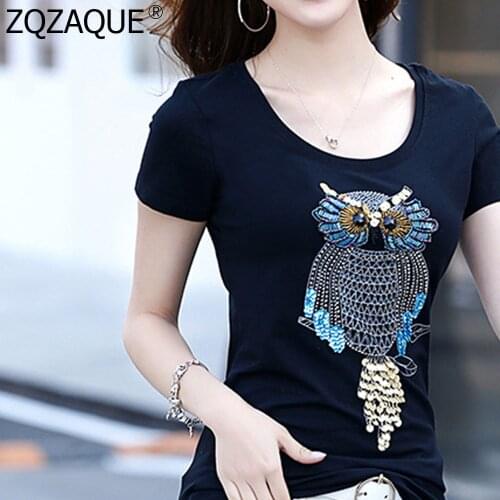 2018 Ladys Summer Clothes 100% Hand-beaded Sequined 3D Owl Pattern Tops Fashion Womens Elastic T-shirts Casual Girls Tee SY023