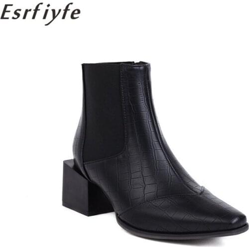 ESRFIYFE 2021 New Autumn Winter Ankle Boots Square Toe Thick Heels Splicing Pu Leather Zipper Shoes Woman Large Size 34-48