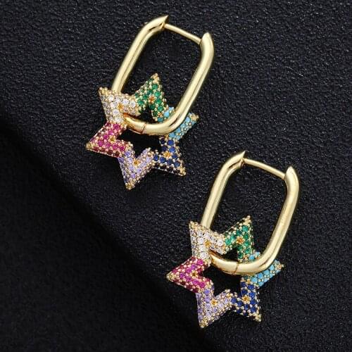 Colourful Cubic Zirconia Earrings For Women Vintage Jewelry Crystal Star Hoop Earrings Gold Pendientes Luxury Bijoux Femme