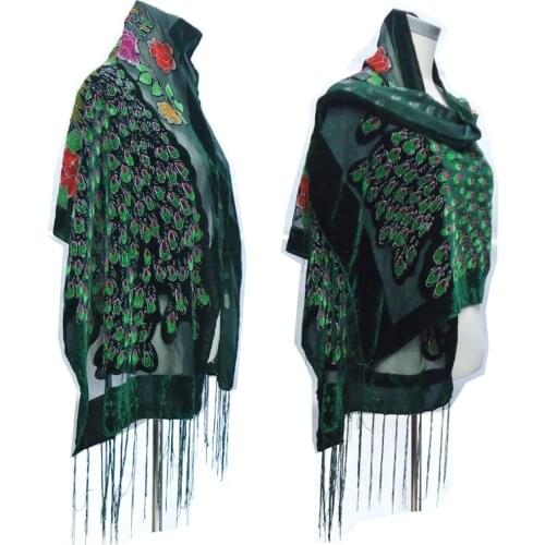 Autumn Winter Shawl Scarf Double Peacock Burnout Velvet Silk Poncho Scarfs Luxury Pashmina Tassel Cloak Female