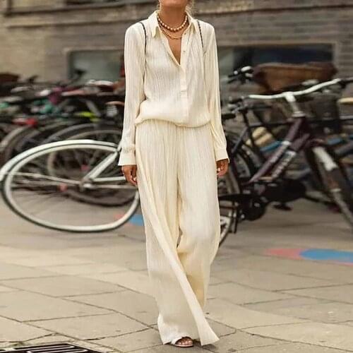 Elegant Turn-down Collar Office Lady Set Spring Long Sleeve Button Shirt and Long Pants Suit Summer Solid Women Two Piece Sets