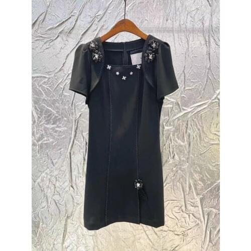 2021 Autumn Women Black Mini Dress A-Line Short Sleeve Square Collar Diamonds Beading Elegant Lady Outfits Runway Designer