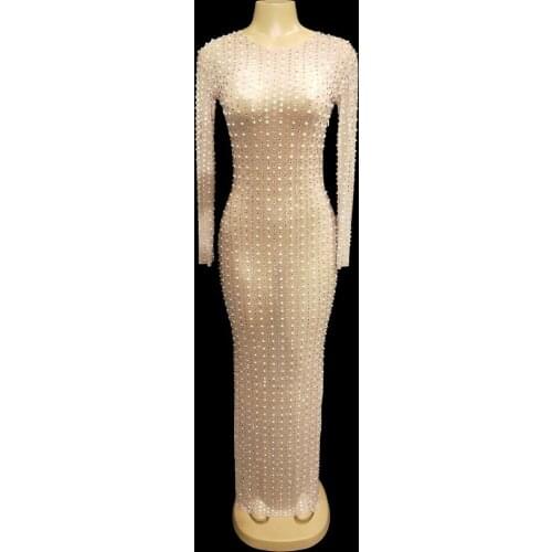 Sparkly Rhinestones Pearls Mesh See Through Long Dress Women Evening Prom Party Dresses Birthday Celebrity Outfit Stage Costume