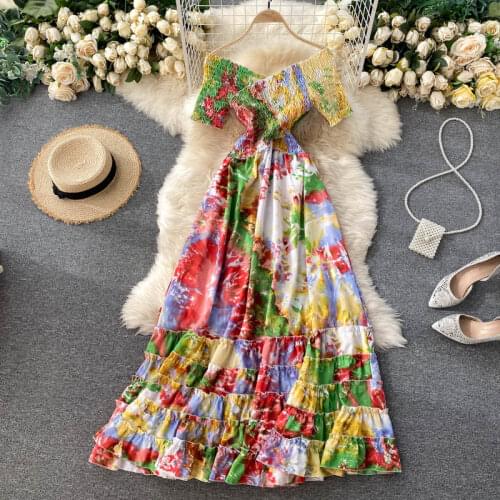 Womens spring autumn short sleeve sexy slash neck tie-dye dress female sexy backless long beach dress TB1160