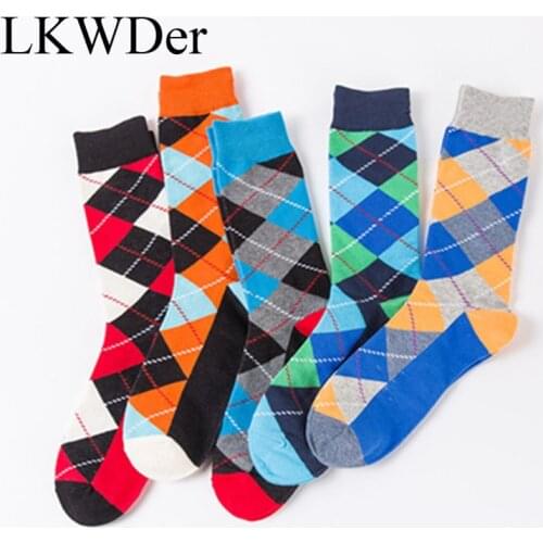LKWDer 5 Pairs Men Big Size Socks EUR41-46 Autumn Wwinter Fashion Tide Happy Socks Plaid Gradient Color Personality Cotton Socks