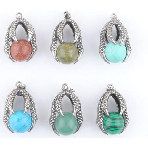 6Pcs Antique Metal Retro Reiki Dragon Claw Pendant Natural Round Ball Stone Bead Opal Agates Jaspers Turquoises Malachite TBN310