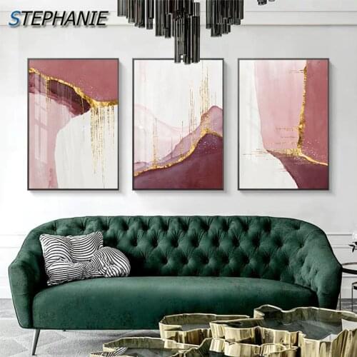 Abstract Golden Pink Canvas Painting Nordic Color Block Posters Print Modern Gold Wall Pictures for Living Room Bedroom Wall Art