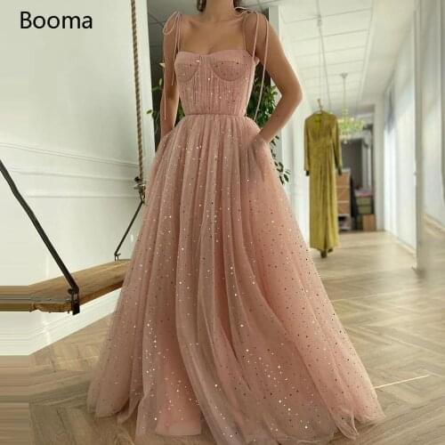 Booma Baby Pink Starry Tulle Prom Dresses Spaghetti Straps Pleated Long Prom Gowns with Pockets A-Line Wedding Party Dresses