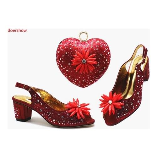 Doershow red Shoes With Matching Bags Decorated With Rhinestone African Wedding Shoes And Purse Set Free Shipping STB1-13