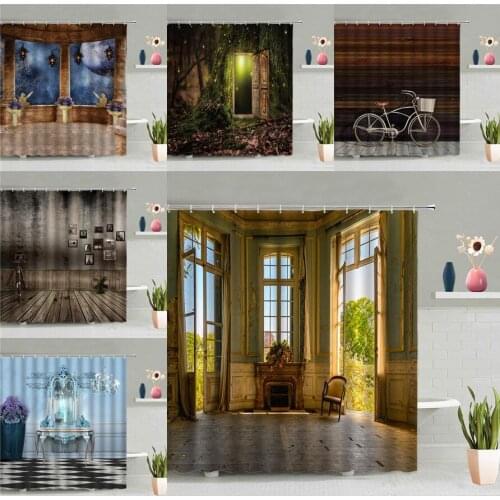 House Architecture Shower Curtain Balcony Scenic Wood Board Wall Bicycle Pattern Curtains Waterproof Bath Screen Bathroom Decor
