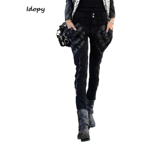Idopy Fashion Womens Black Harem Pants Female Hip Hop Stretch Punk Pants Casual Big Pockets Cargo Pants For Women With Zippers