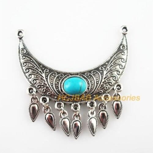 3Pcs Retro Tibetan Silver Moon Waterdrop Tassels Stone Charms Pendants 54mm