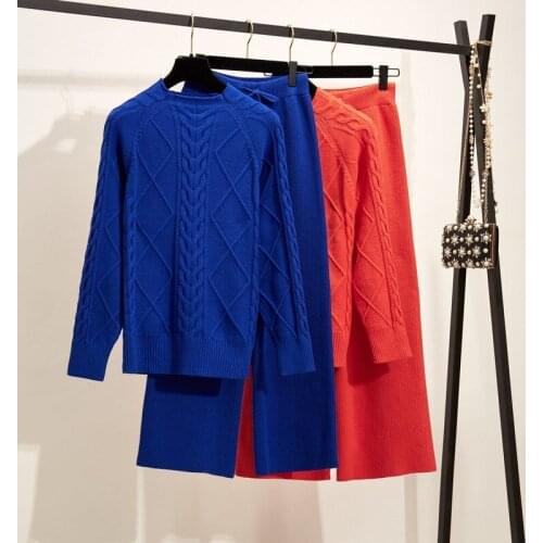 Two Piece Set Women Knit Sport Suits Thick Warm Round Neck Women Sweater + Drawstring Wide Leg Pants Winter Jogging Outfits Y433