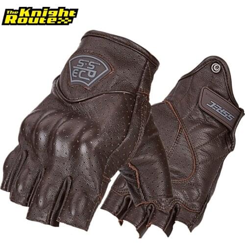 Brown Genuine Leather Motorcycle Gloves Retro Vintage Biker Moto Gloves Summer Gloves Motocross Motorbike Half Finger Gloves