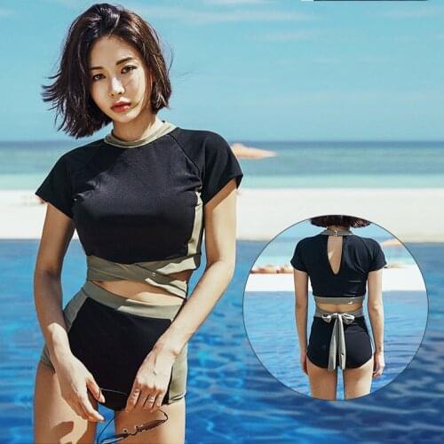 Swimsuit 2021 Solid Patchwork High Waist Women Bikini Set Short Sleeve Swimwear Push Up Bikini Female 2 Pcs Beach Bathing Suit
