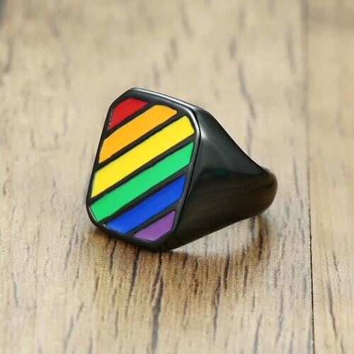 LETAPI 2021 New Fashion Big Black Square Gay Jewelry Stainless Steel Rainbow LGBT Pride Wedding Rings for Men