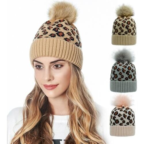 Fashion Jacquard Leopard Womens Hat Faux Fur Pompoms Beanie Caps Winter Warm Knit Hats gorros mujer invierno Bonnet