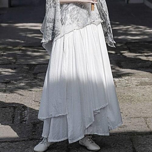 NINI WONDERLAND 2021 Women Cotton A-line Irregular Vintage Skirt Black Summer Elastic Waist Casual Skirts White Mori Girl Skirt