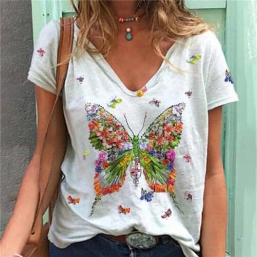 New Butterflies Printed T-shirt Ladies Short-sleeved V-neck Casual Womens Fashion Clothing Female Graphic T Shirts Tops Clothes