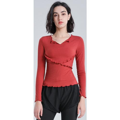 2021 Autumn New Sports Yoga Top Ruffles Design Womens Tight Fitting Long Sleeved Thread Fabric Fitness Running Training T-shirt