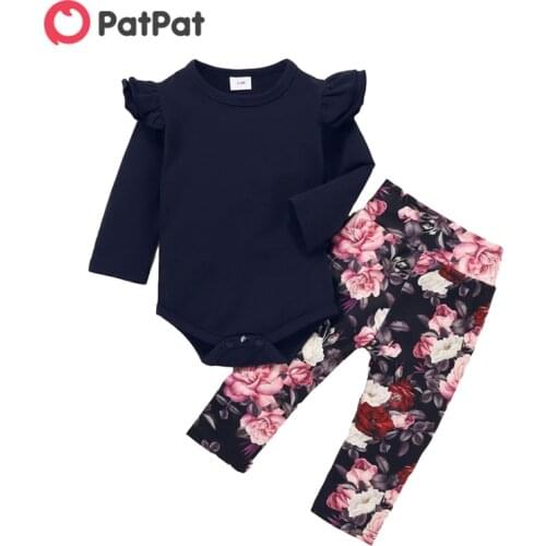 PatPat New Arrival Spring and Autumn 2pcs Baby Girl Solid Layered Shoulder Bodysuit and Floral Pants Set Babys Clothing