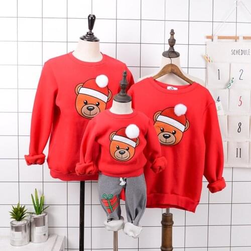 Family Matching Outfits Dad Mom Kids Christmas Plush Winter Warm Sweater Hoodies Boys Girls Cartoon Cute Pullover Cotton Clothes