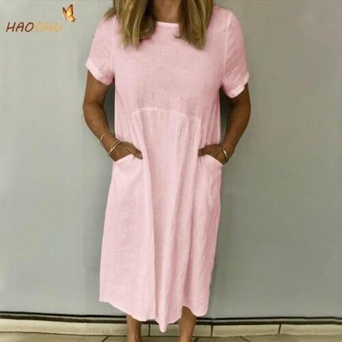 HAOOHU Loose O-Neck Short Sleeve Cotton Linen Dress Womens Clothing Casual Plus Large Big Size Dresses Woman Summer 2021 Ladies
