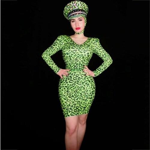 Sexy Green Leopard Spandex Stretch Dress Party Women Singer Nightclub Bar Dancing Suit Skinny Dresses Stage Show Clothing DT1024
