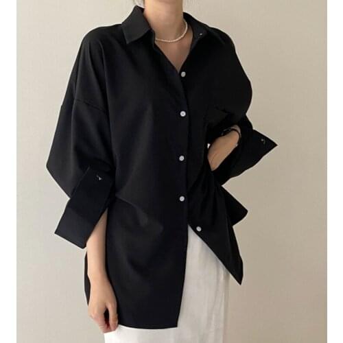 Chic Women Solid Shirt Office Ladies Casual Summer Tops Female Korean Long Sleeves Blouses Pocket Shirts