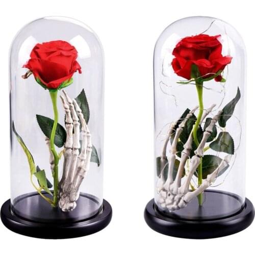 Wooden Base Glass Cover Micro Landscape Eternal Artificial Flower Skeleton Hand With Rose Glass Cover With Lamp