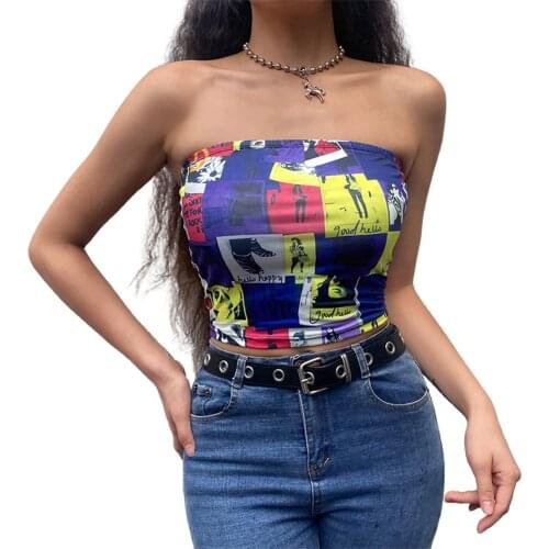 Sleeveless Strapless Portrait Letter Print Tube Tops Women Bandeau Crop Tops Fashion Sexy Streetwear Stretchy Slim Bodycon Camis
