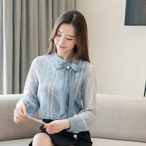 Spring Blusas Mujer De Moda 2021 New Autumn Lace Slim Women Shirts Solid Bow Sweet Chiffon Long Sleeve Women Blouses Plus Size
