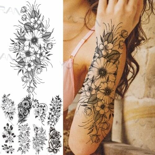 Black Lily Flower Temporary Tattoos For Women Girls Adult Fake Mamba Snake Rose Dahlia Tattoo Sticker Transfer Tatoos Daffodil