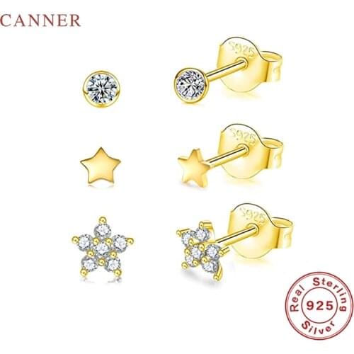 CANNER 3pc/Set Earrings For Women 925 Sterling Silver Pendientes Round Five Pointed Star Diamond Piercing Stud Earrings Jewelry