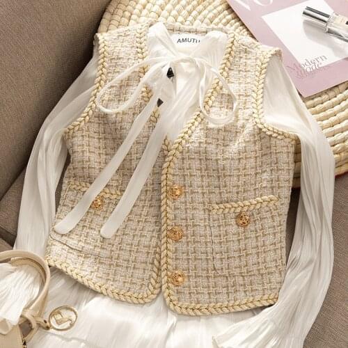 Womens retro Tweed vest Two piece suit Sleeveless short jacket Easy to match Casual Sweater Waistcoat for women