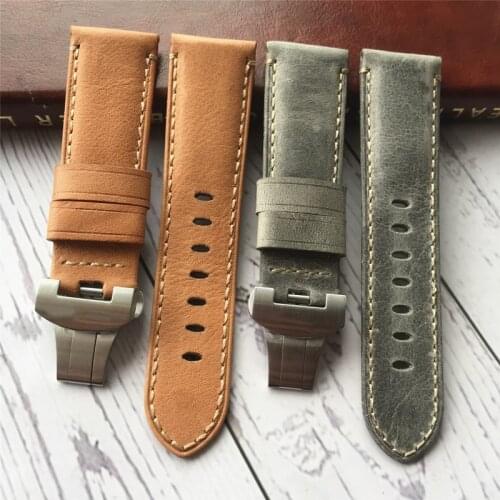 24mm Handmade Stitched Genuine Calf Leather Watch Strap Band For deployment buckle Watchband Strap for PAM Send too