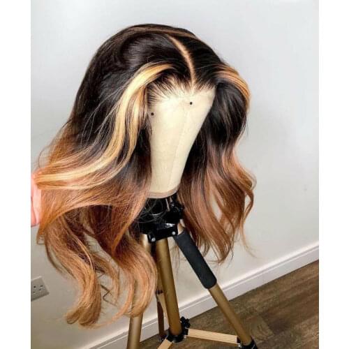 Highlight Blond Jet Black Middle Part Lace Frontal Wigs Human remy Hair Lace Wigs Glueless Preplucked Transparent Lace
