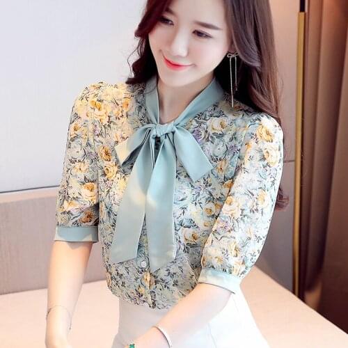 Blouses Shirts Floral Shirts Womens Clothing 2020 Summer New Loose Chiffon Bow Puffed Half Sleeve Green Pink Blouses Top 118B