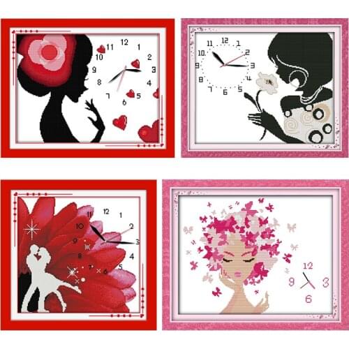 Joy Sunday Clock Cross-Stitch Kits Stamped Pink Woman Printed 11CT 14CT Counted Decoration Handmade Embroidery Needlework Thread